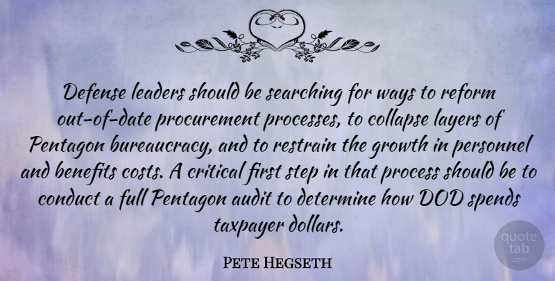 Pete Hegseth Quote About Audit, Benefits, Collapse, Conduct, Critical: Defense Leaders Should Be Searching...