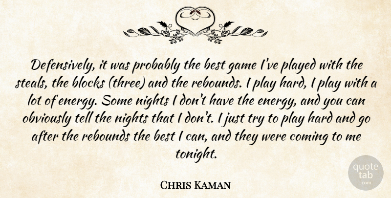 Chris Kaman Quote About Best, Blocks, Coming, Game, Hard: Defensively It Was Probably The...