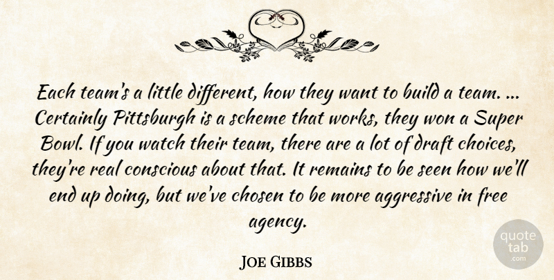 Joe Gibbs Quote About Aggressive, Build, Certainly, Chosen, Conscious: Each Teams A Little Different...