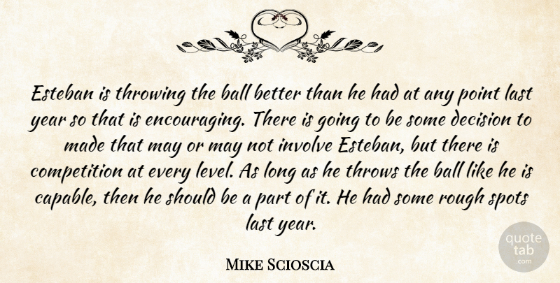 Mike Scioscia Quote About Ball, Competition, Decision, Involve, Last: Esteban Is Throwing The Ball...