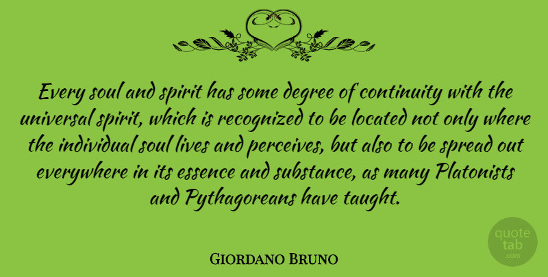 Giordano Bruno Quote About Continuity, Degree, Essence, Everywhere, Lives: Every Soul And Spirit Has...