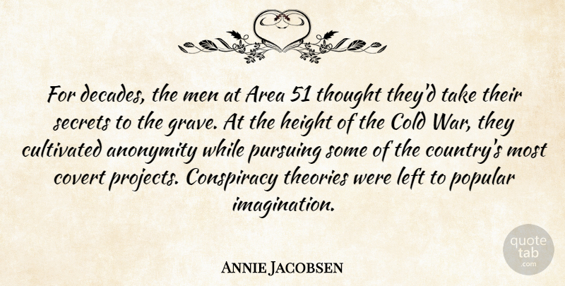 Annie Jacobsen Quote About Anonymity, Area, Cold, Conspiracy, Covert: For Decades The Men At...