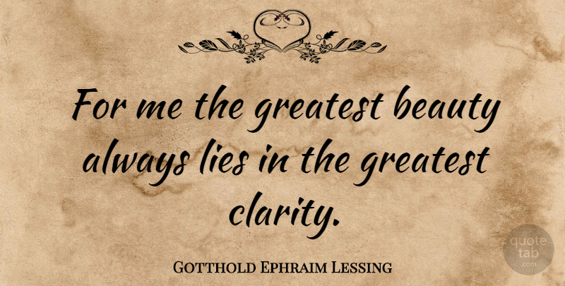 Gotthold Ephraim Lessing Quote About Beauty, Lying, Clarity: For Me The Greatest Beauty...
