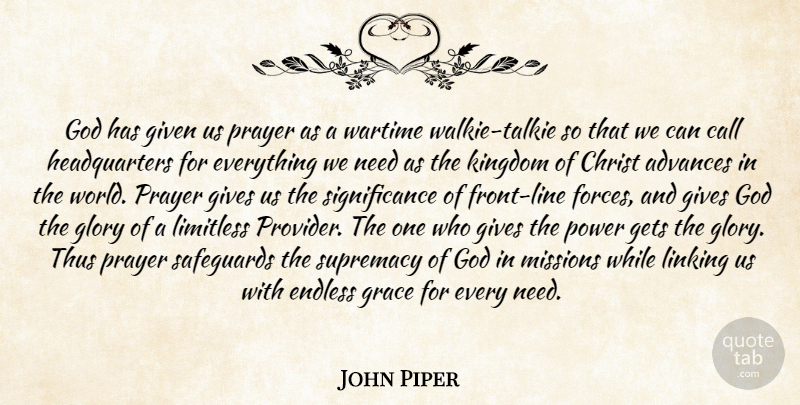 John Piper Quote About Prayer, Giving, Grace: God Has Given Us Prayer...