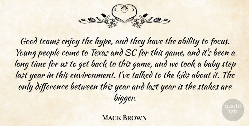 Mack Brown Quote About Ability, Baby, Difference, Enjoy, Good: Good Teams Enjoy The Hype...