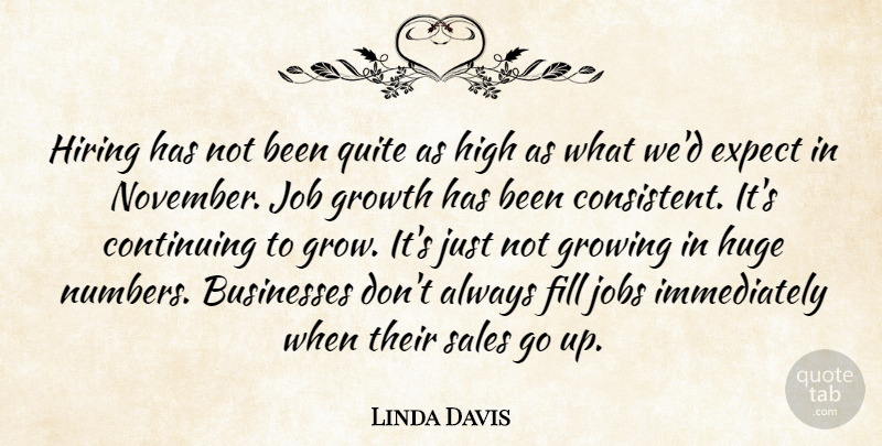 Linda Davis Quote About Businesses, Continuing, Expect, Fill, Growing: Hiring Has Not Been Quite...
