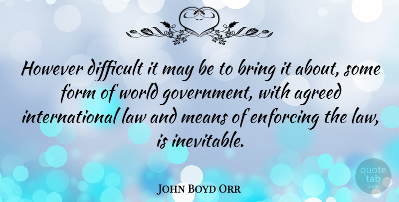 John Boyd Orr Quote About Agreed, Bring, Enforcing, Form, However: However Difficult It May Be...