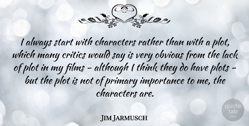 Jim Jarmusch Quote About Character, Thinking, Plot: I Always Start With Characters...