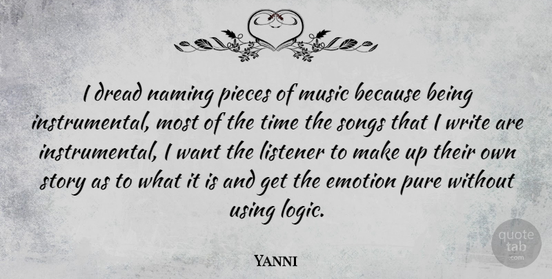 Yanni Quote About Dread, Emotion, Listener, Music, Pieces: I Dread Naming Pieces Of...
