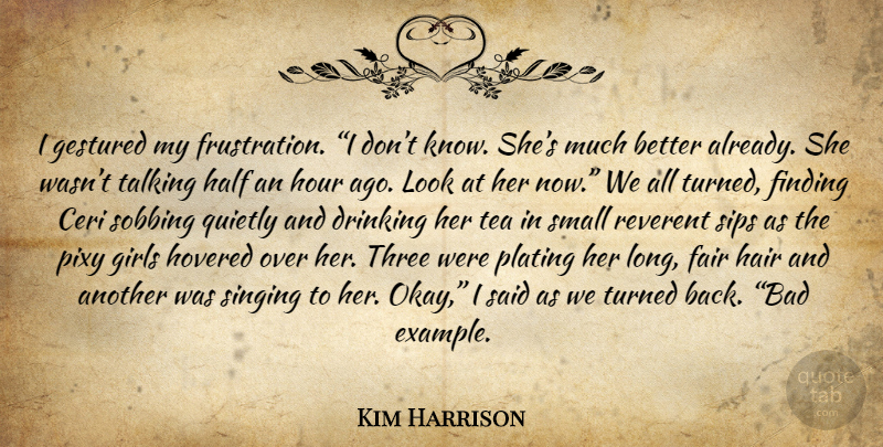 Kim Harrison Quote About Girl, Drinking, Frustration: I Gestured My Frustration I...