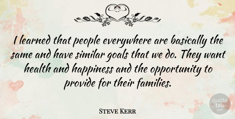Steve Kerr Quote About Basketball, Opportunity, Goal: I Learned That People Everywhere...