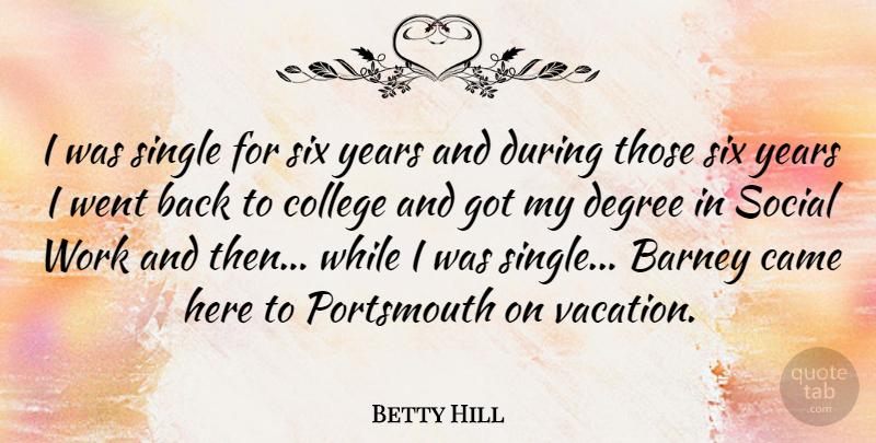 Betty Hill Quote About American Celebrity, Barney, Came, Degree, Single: I Was Single For Six...