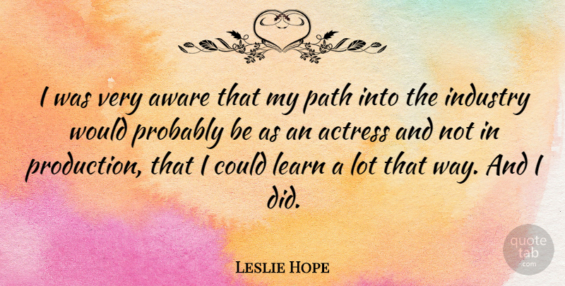 Leslie Hope Quote About Aware, Industry: I Was Very Aware That...