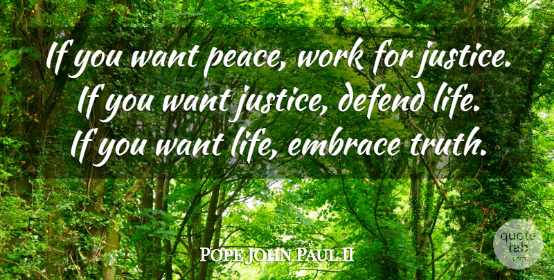 Pope John Paul II Quote About Justice, Want, Embrace: If You Want Peace Work...
