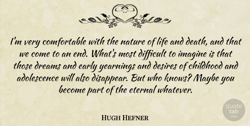 Hugh Hefner Quote About Dream, Life And Death, Childhood: Im Very Comfortable With The...