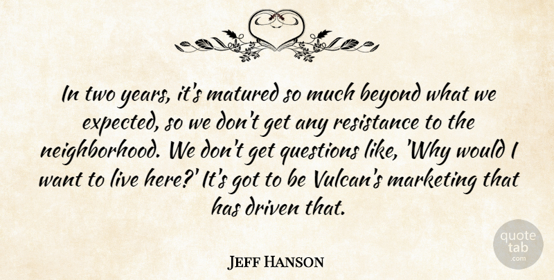 Jeff Hanson Quote About Beyond, Driven, Marketing, Matured, Questions: In Two Years Its Matured...