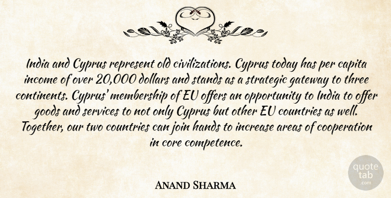 Anand Sharma Quote About Areas, Cooperation, Core, Countries, Dollars: India And Cyprus Represent Old...