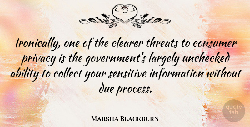 Marsha Blackburn Quote About Ability, Clearer, Collect, Consumer, Due: Ironically One Of The Clearer...
