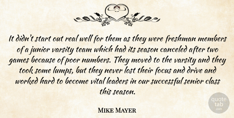 Mike Mayer Quote About Class, Drive, Focus, Freshman, Games: It Didnt Start Out Real...