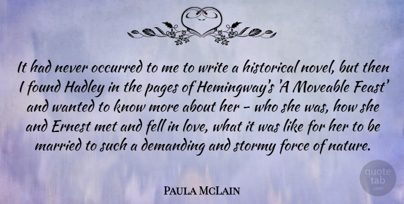 Paula McLain Quote About Demanding, Fell, Force, Historical, Love: It Had Never Occurred To...