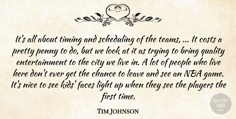 Tim Johnson Quote About Bring, Chance, City, Costs, Entertainment: Its All About Timing And...