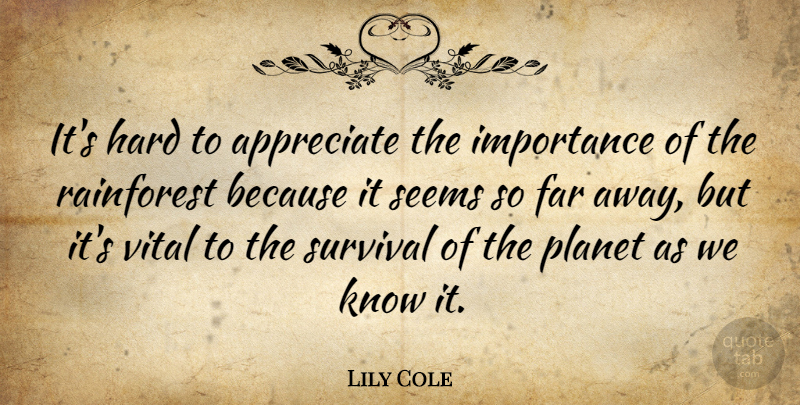 Lily Cole Quote About Appreciate, Survival, Far Away: Its Hard To Appreciate The...
