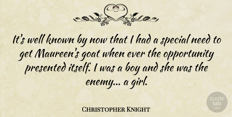 Christopher Knight Quote About Boy, Goat, Known, Opportunity, Presented: Its Well Known By Now...