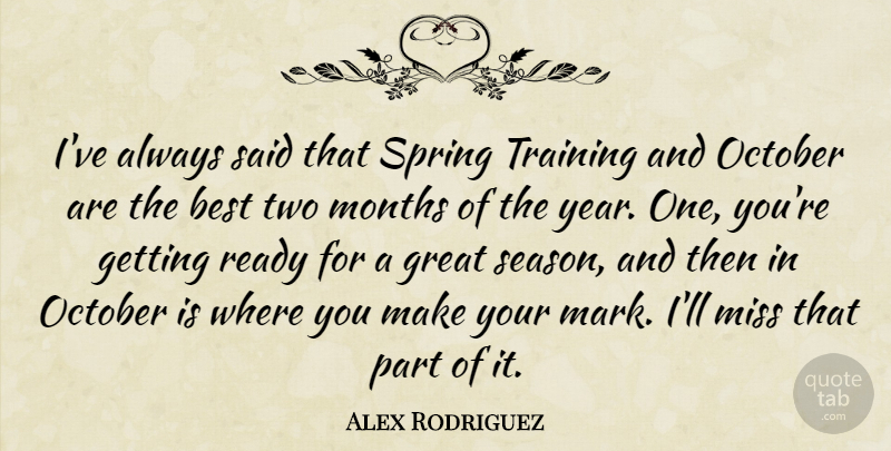 Alex Rodriguez Quote About Best, Great, Miss, Months, October: Ive Always Said That Spring...