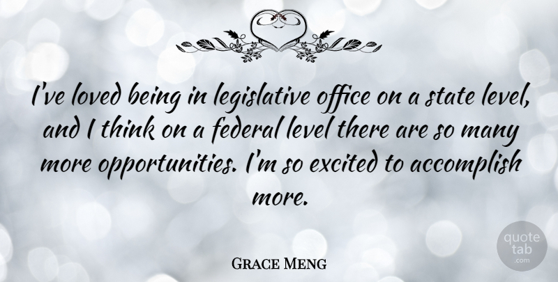 Grace Meng Quote About Accomplish, Excited, Federal, Level, Loved: Ive Loved Being In Legislative...