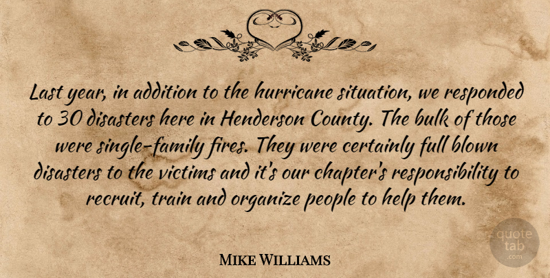 Mike Williams Quote About Addition, Blown, Bulk, Certainly, Disasters: Last Year In Addition To...