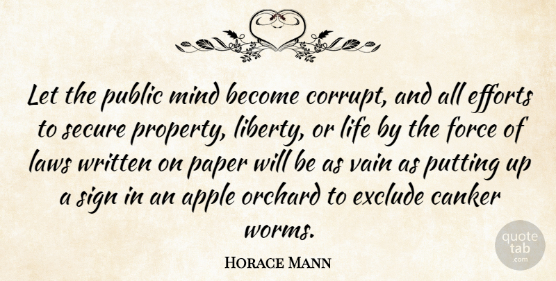 Horace Mann Quote About Law, Apples, Effort: Let The Public Mind Become...
