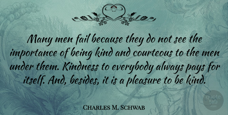 Charles M. Schwab Quote About Courteous, Everybody, Importance, Men, Pays: Many Men Fail Because They...