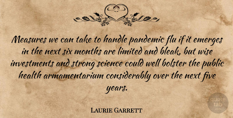 Laurie Garrett Quote About Bolster, Emerges, Five, Flu, Handle: Measures We Can Take To...