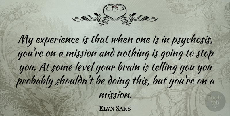 Elyn Saks Quote About Brain, Experience, Level, Mission, Stop: My Experience Is That When...