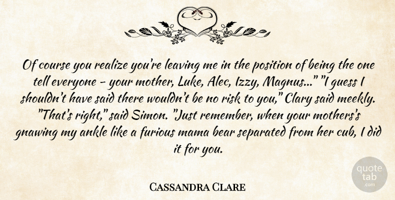 Cassandra Clare Quote About Mother, Leaving, Risk: Of Course You Realize Youre...
