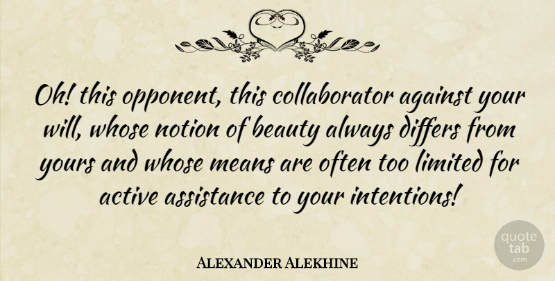 Alexander Alekhine Quote About Against, Assistance, Beauty, Differs, Limited: Oh This Opponent This Collaborator...