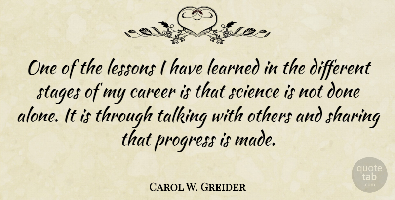 Carol W. Greider Quote About Alone, Career, Learned, Lessons, Others: One Of The Lessons I...