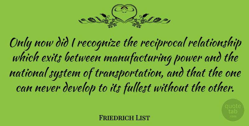 Friedrich List Quote About Develop, Fullest, National, Power, Reciprocal: Only Now Did I Recognize...