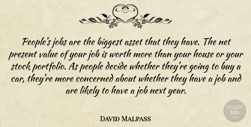 David Malpass Quote About Asset, Biggest, Buy, Car, Concerned: Peoples Jobs Are The Biggest...