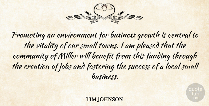 Tim Johnson Quote About Benefit, Business, Central, Community, Creation: Promoting An Environment For Business...
