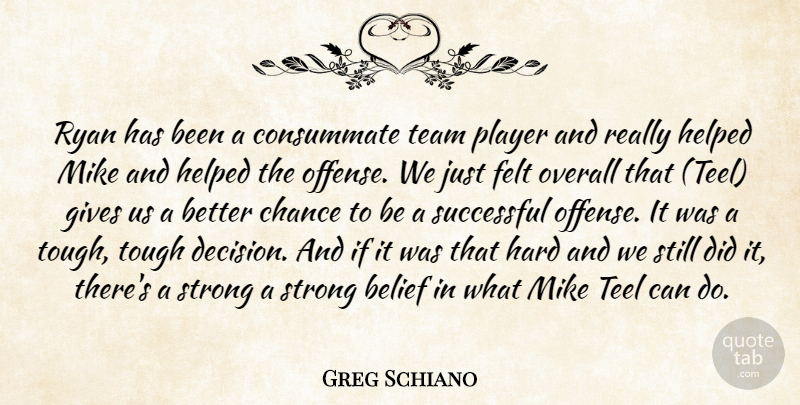 Greg Schiano Quote About Belief, Chance, Consummate, Felt, Gives: Ryan Has Been A Consummate...