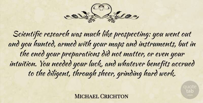 Michael Crichton Quote About Hard Work, Preparation, Luck: Scientific Research Was Much Like...