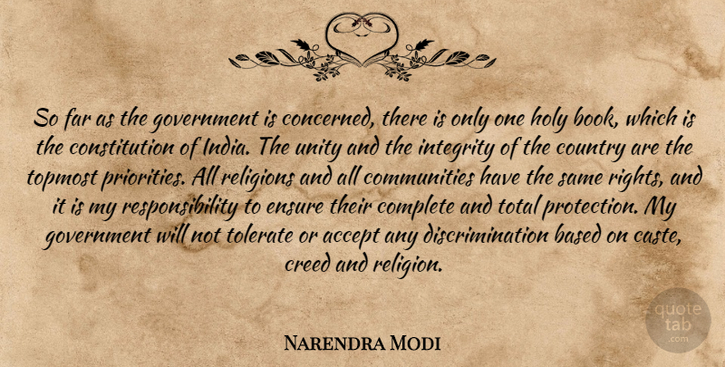 Narendra Modi Quote About Country, Integrity, Book: So Far As The Government...