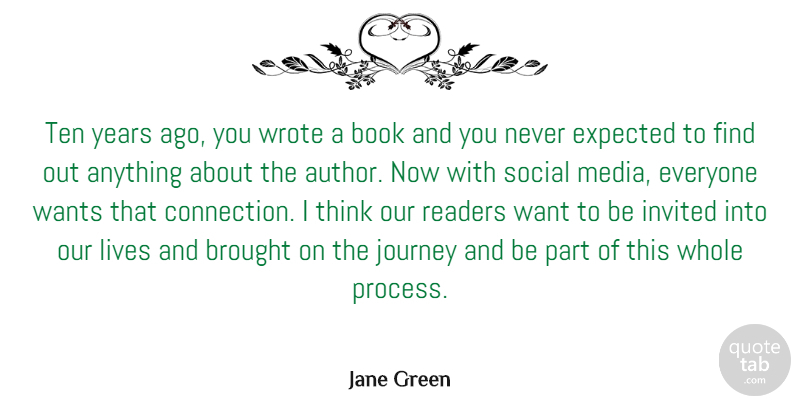 Jane Green Quote About Brought, Expected, Invited, Lives, Readers: Ten Years Ago You Wrote...
