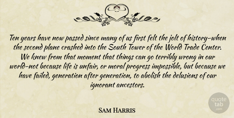 Sam Harris Quote About Our World, Years, Ignorant: Ten Years Have Now Passed...