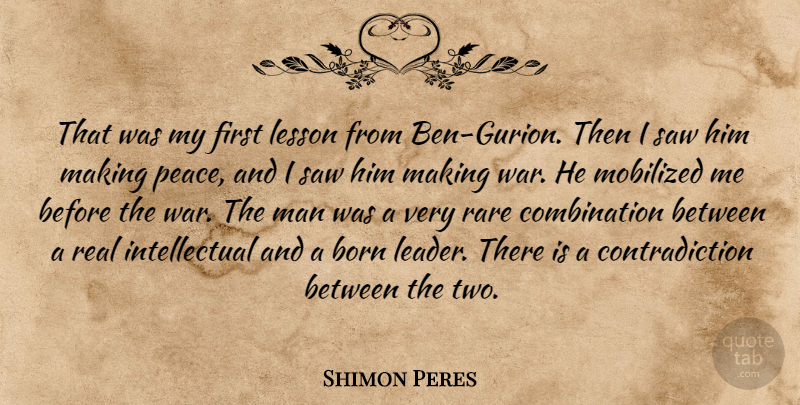Shimon Peres Quote About Born, Lesson, Man, Peace, Rare: That Was My First Lesson...