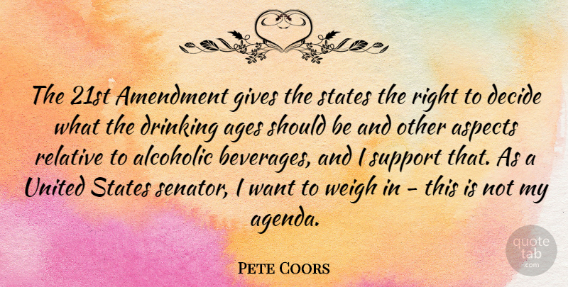 Pete Coors Quote About Drinking, Giving, Support: The 21st Amendment Gives The...