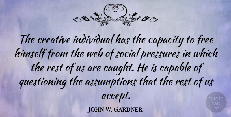 John W. Gardner Quote About Creativity, Imagination, Creative: The Creative Individual Has The...