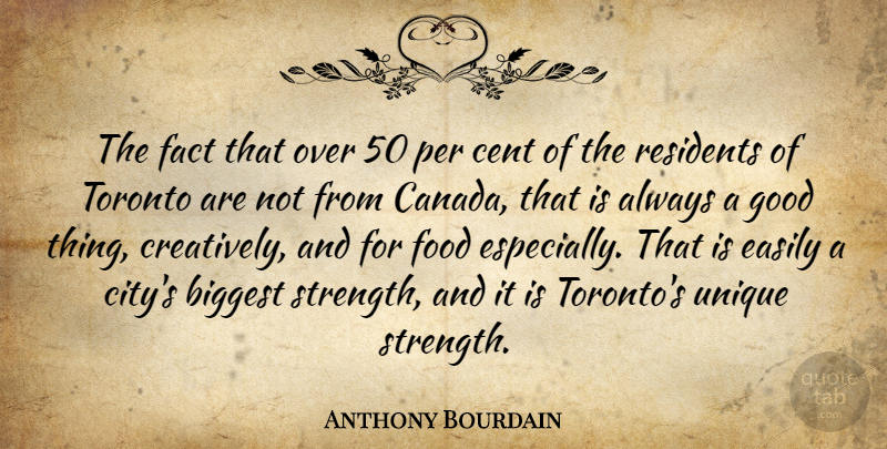 Anthony Bourdain Quote About Unique, Cities, Toronto: The Fact That Over 50...