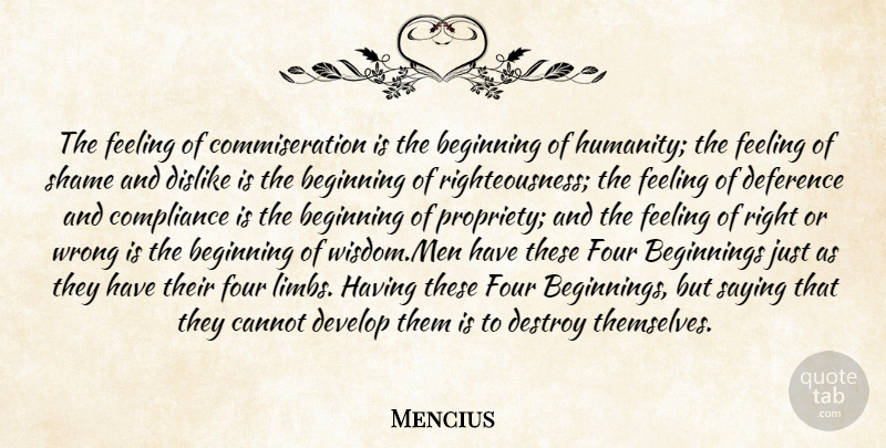 Mencius Quote About Men, Feelings, Humanity: The Feeling Of Commiseration Is...